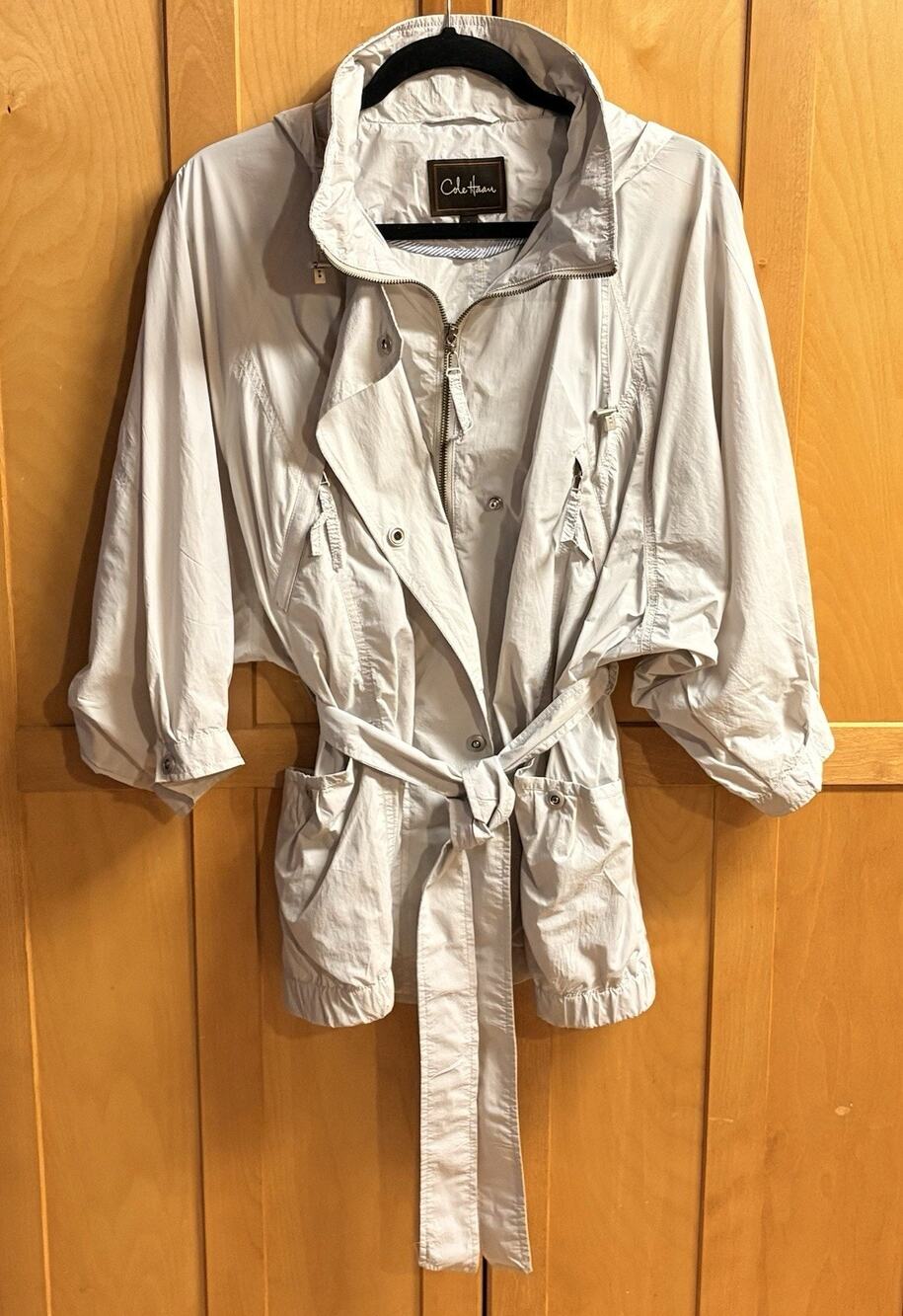 Cole Haan Womens Size Large Gray Rain/Windbreaker Jacket Full Zip Snaps & Hood